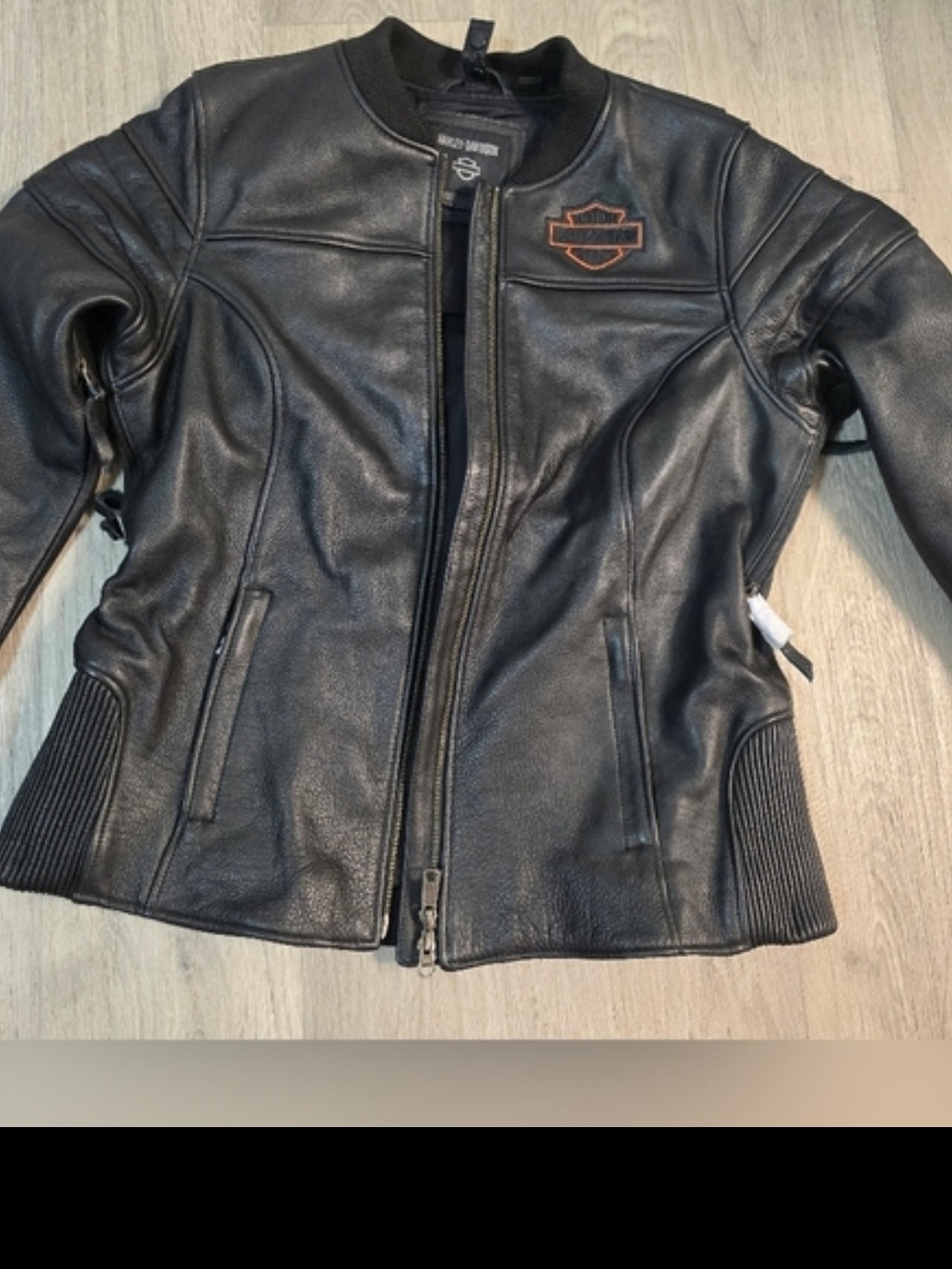 Harley-Davidson Black Leather Jacket with Orange Shield Accent